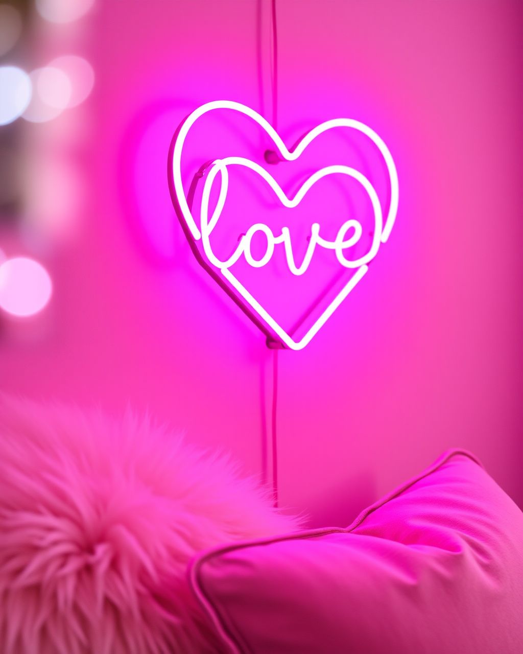 A glowing pink neon heart sign reading ‘love’ above plush pink cushions